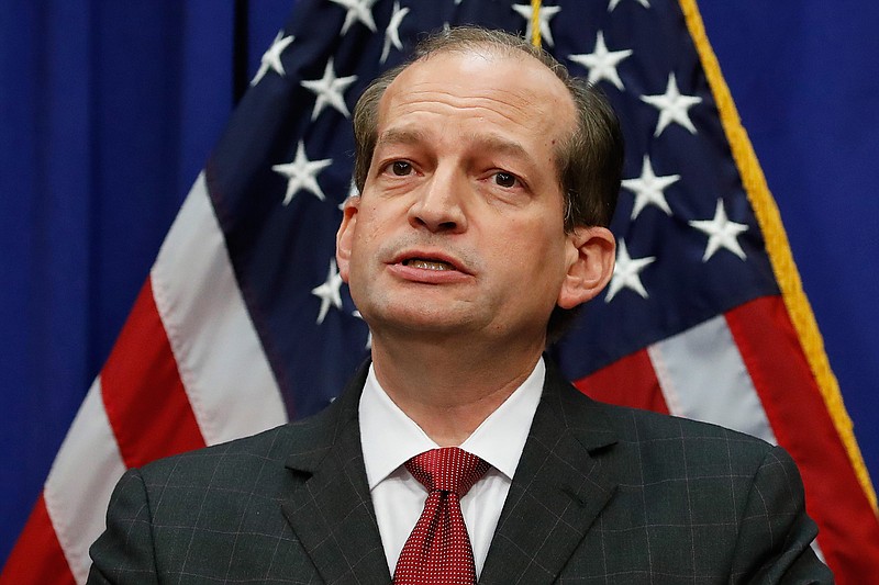Labor Secretary Alex Acosta speaks during a media availability at the Department of Labor, Wednesday, July 10, 2019, in Washington. (AP Photo/Alex Brandon)