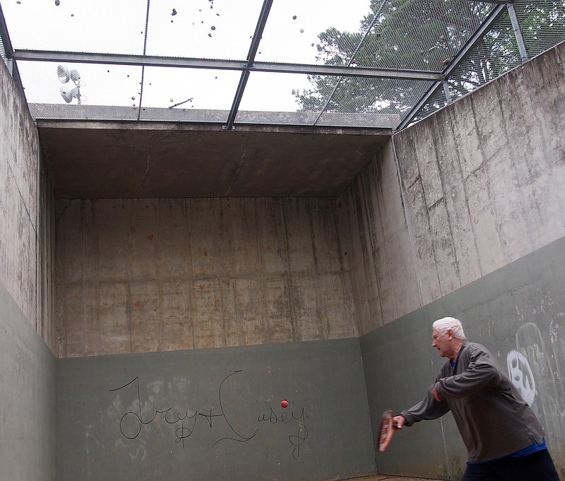 One can play as hard and long as one wishes against the concrete wall of a racquetball court, as Gerhard Wiesner is doing.