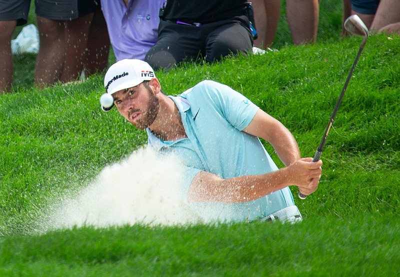 Matthew Wolff hits from a bunker on the 12th hole during the final round of the 3M Open golf tournament Sunday, July 7, 2019, in Blaine, Minn. (AP Photo/Andy Clayton- King)