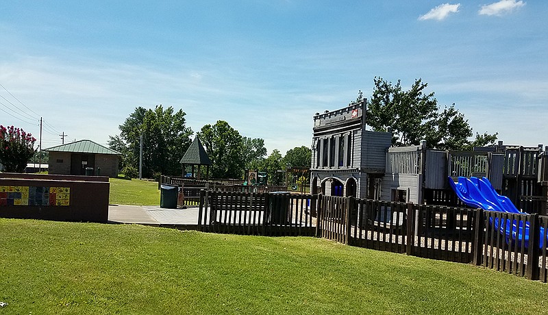 Kidtopia park is shown Friday, July 12, 2019, at 201 Oak St. in Texarkana, Texas. The restrooms at the park, at left, will be closed until further notice because of vandalism.