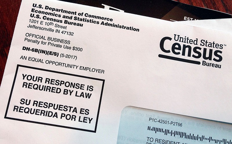 FILE - This March 23, 2018, file photo shows an envelope containing a 2018 census letter mailed to a U.S. resident as part of the nation's only test run of the 2020 Census. (AP Photo/Michelle R. Smith, File)