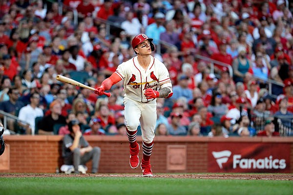 Tyler O'Neill of the Cardinals watches his two-run home run during the third inning of Saturday night's game against the Diamondbacks in St. Louis.