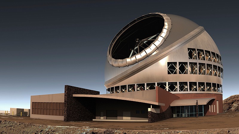 This undated file illustration provided by Thirty Meter Telescope (TMT) shows the proposed giant telescope on Mauna Kea on Hawaii's Big Island. Construction on giant telescope to start again in the third week of July 2019, after court battles over Hawaii site that some consider sacred. (TMT via AP, File)