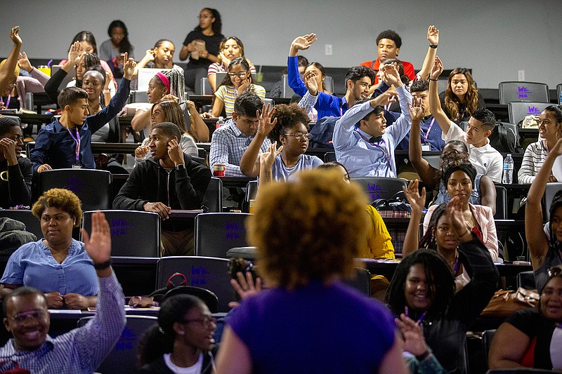  Dr. Stacia Alexander leads the incoming freshmen in an exercise on June 27 during their Summer Bridge at Paul Quinn College in Dallas.  The college is focusing on student well-being by normalizing mental health discussions and offering a wide range of services through a partnership with UT Southwestern. 