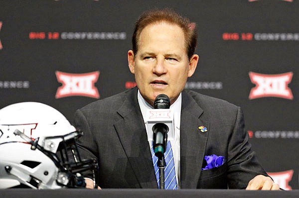 Kansas head coach Les Miles speaks Monday on the first day of Big 12 Conference Media Days at AT&T Stadium in Arlington, Texas.
