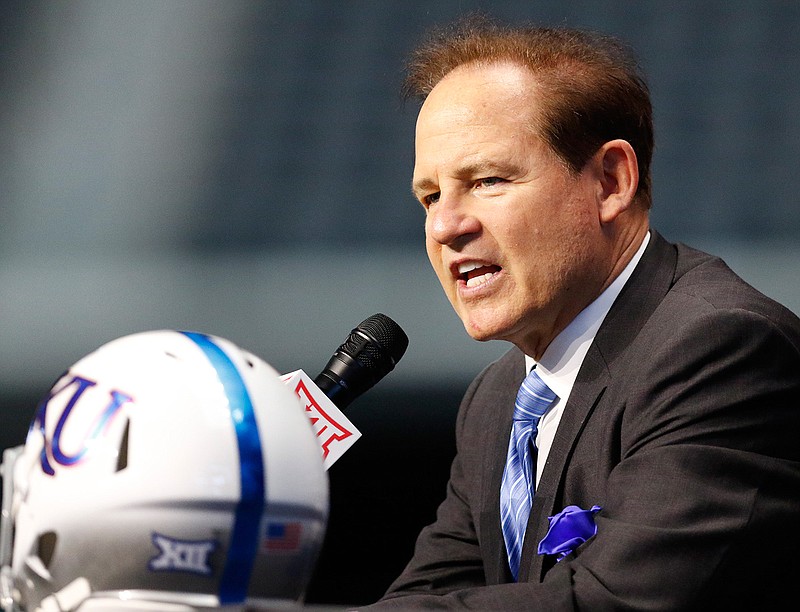 Kansas head coach Les Miles speaks on the first day of Big 12 Conference NCAA college football media days Monday, July 15, 2019, at AT&T Stadium in Arlington, Texas. This is Miles' first season at Kansas. (AP Photo/David Kent)