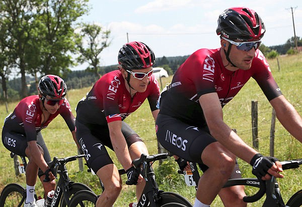 Egan Arley Bernal Gomez (left), Geraint Thomas (center) and Gianni Moscon ride Sunday during Stage 9 of the Tour de France across 105.94 miles with a start in Saint Etienne and a finish in Brioude, France.