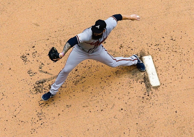 Atlanta Braves starting pitcher Dallas Keuchel throws during the first inning of a baseball game against the Milwaukee Brewers Wednesday, July 17, 2019, in Milwaukee. (AP Photo/Morry Gash)