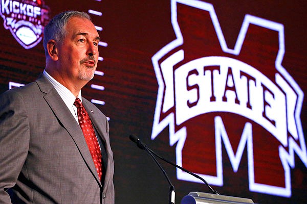 Mississippi State head coach Joe Moorhead speaks Wednesday during the Southeastern Conference Media Days in Hoover, Ala.