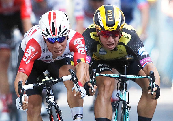 Caleb Ewan (left) and Dylan Groenewegen sprint to the finish line Wednesday during Stage 11 of the Tour de France. The stage spanned 103.77 miles, with a start in Albi and finish in Toulouse, France. Ewan won the stage.
