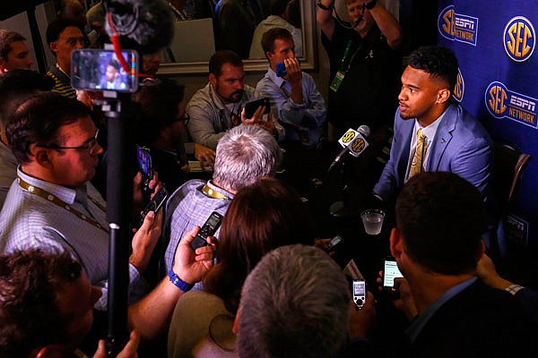 Alabama quarterback Tua Tagovailoa speaks to reporters Wednesday during the Southeastern Conference Media Days in Hoover, Ala.