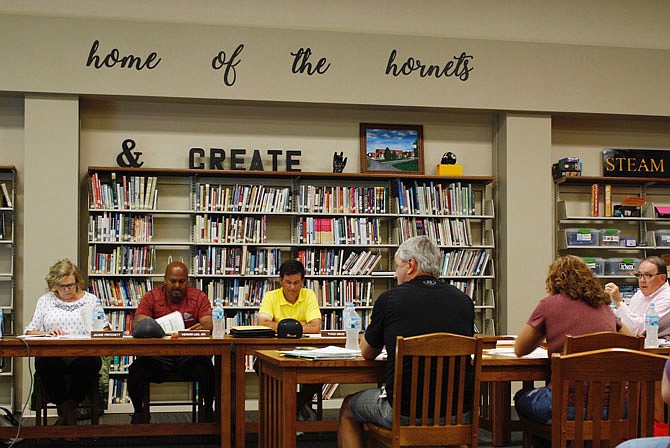 The Fulton Public Schools board of education held a special meeting Wednesday at Fulton High School to discuss priorities on upcoming projects. Pictured from left are board members Jackie Pritchett, Verdis Lee Sr., Todd Gray, Matt Gowin, Leah Baker and Superintendent Jacque Cowherd.