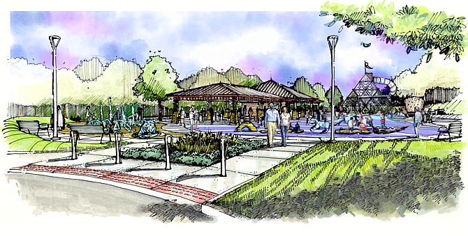 This artist rendering shows the proposed entrance to Community Park. The $1.46 million park renovation project includes new playground equipment and the addition of a sprayground.