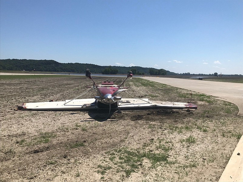 <p>Courtesy of the Jefferson City Fire Department</p><p>The Jefferson City Fire Department responded shortly after 11 a.m. Saturday to Memorial Airport to find a 1999 Comp Air single engine private plane on its top, approximately 10 feet off the runway. The pilot was not injured.</p>