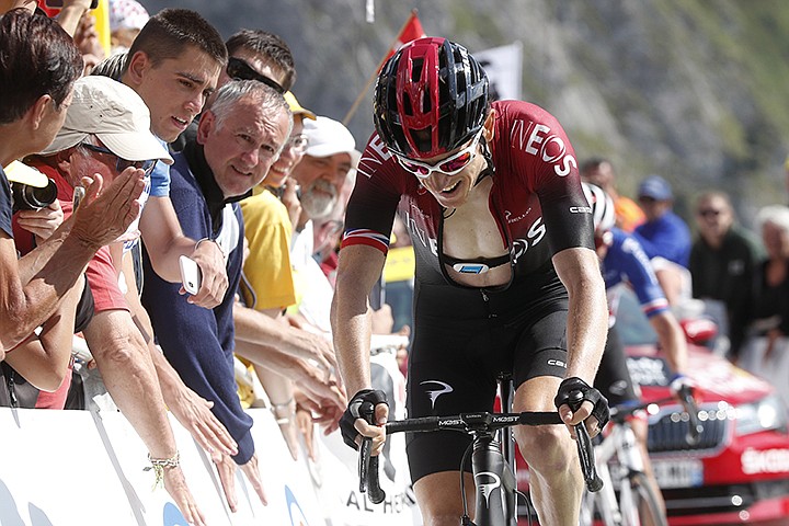 Britain's Geraint Thomas crosses the finish line of the fourteenth stage of the Tour de France cycling race over 117.5 kilometers (73 miles) with start in Tarbes and finish at the Tourmalet pass, France, Saturday, July 20, 2019. (AP Photo/ Thibault Camus)