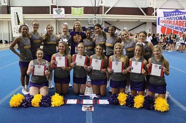 The Ashdown High School Varsity Cheerleaders recently won awards at the NCA Cheer Camp, which was held at the University of Arkansas-Little Rock. Shown are, front row, left to right: Amy Newton, Chloe Young, Sara Huddleston, Emma Wrinkle, Railee Schmidt, Hannah Denton and Chevi Flournoy. Back row, left to right: Ebony Hawkins, Kaytlyn Brower, Liza Embry, Ansleigh Patrick, Cheer Sponsor Brittany Crow, Zoie Hurd, Raeleigh Grimes, Davina Gaines, Ashlee Waller and Kaylee Welborn.