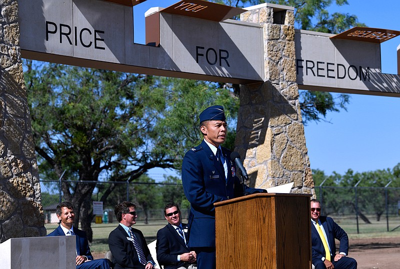 Col. Jose Sumangil, the commander of the 7th Bomb Wing, delivers his remarks Friday, July 19, 2019, at the dedication of the Dyess Memorial Park expansion in Abilene, Texas.