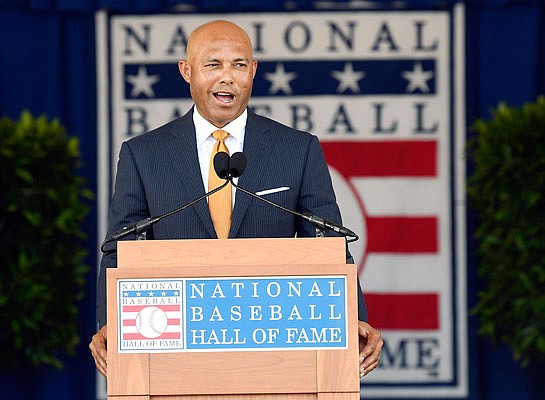 Former Yankees closer Mariano Rivera speaks during the National Baseball Hall of Fame induction ceremony Sunday in Cooperstown, N.Y.