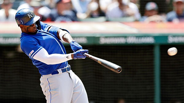 Jorge Soler of the Royals hits a single in the sixth inning of Sunday afternoon's game against the Indians in Cleveland.