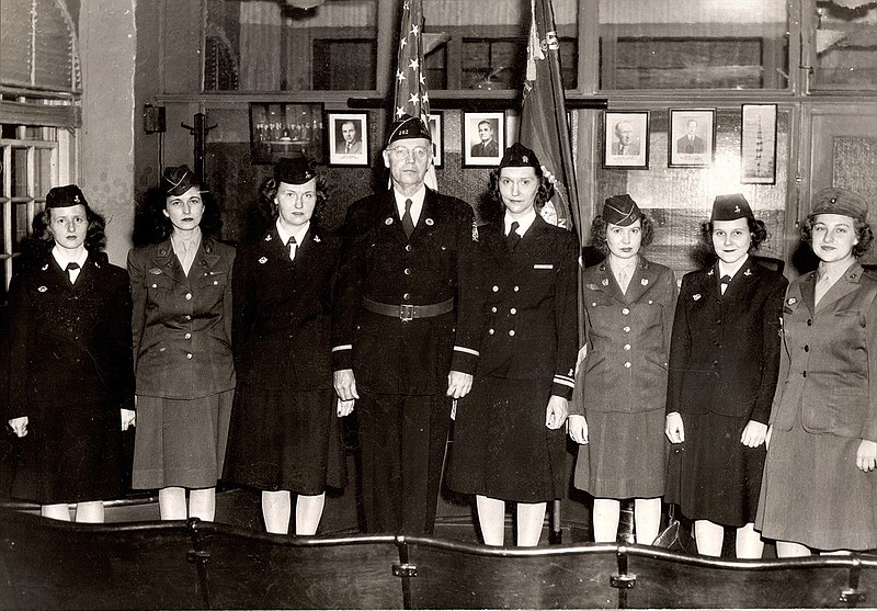 Members of the newly formed Central Missouri Women's Post 496 pictured in December 1946 in Jefferson City. From left: Margaret Duss, Louise Davidson, Lucille Schwaller, Dr. W.W. Carpenter, Frances Kelly, Kathryn Kelly, Betty Rice and Eleanor Bots.