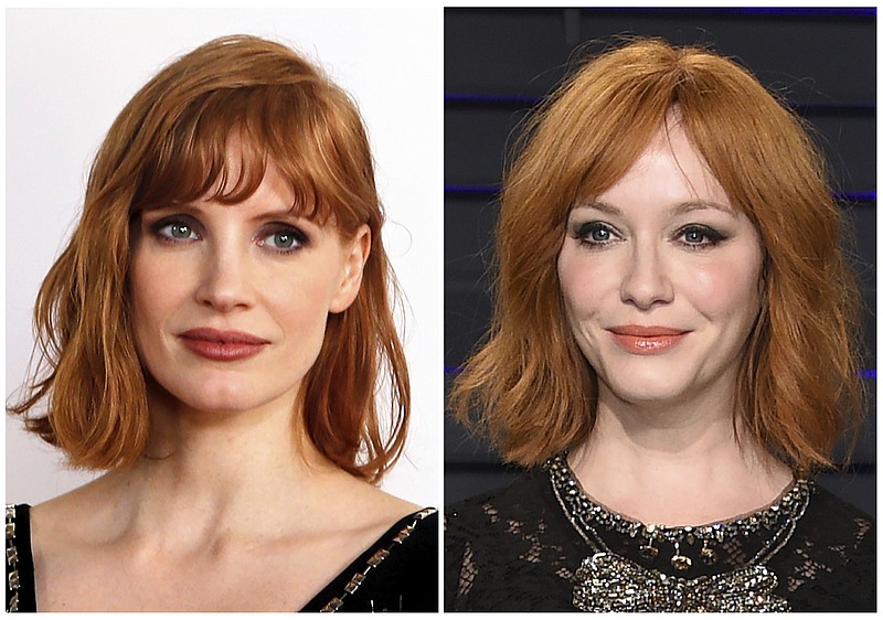 This combination photo shows actress Jessica Chastain at an exclusive fan event for "X-MEN: Dark Phoenix" in London on May 22, 2019, left, and actress Christina Hendricks at the Vanity Fair Oscar Party in Beverly Hills, Calif. on Feb. 24, 2019. Hendricks says she has been mistaken for Oscar nominee Chastain. (AP Photo)