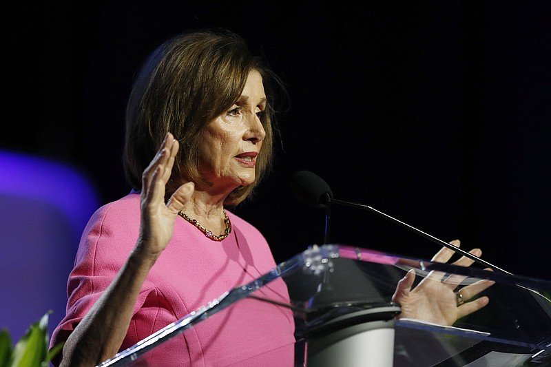 Speaker of the House Nancy Pelosi, D-Calif., addresses the NAACP convention, Monday, July 22, 2019, in Detroit. (AP Photo/Carlos Osorio)