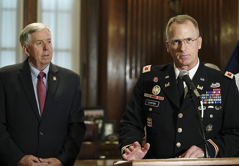 Missouri Gov. Mike Parson announced Thursday, July 25, 2019, that Col. Levon Cumpton. at podium, would be the new adjutant general of the Missouri National Guard. Cumpton's appointment will take effect Aug. 2, 2019, when Maj. Gen. Stephen Danner retires.