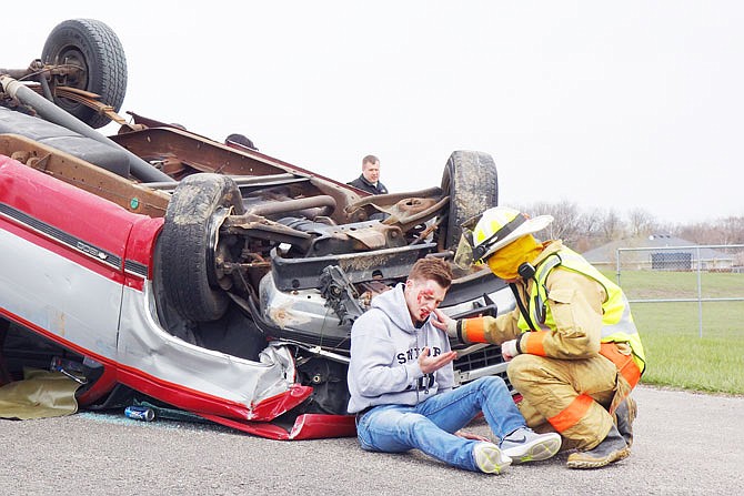 No students were harmed in the making of this 2018 mock crash scene at New Bloomfield High School including Nick Hammann, the senior who played the part of a drunk driver. Student council members arranged the demonstration to warn their peers about the dangers about of driving while intoxicated.