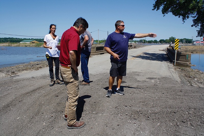 Pictured left to right are Callaway County Emergency Management director Michelle Kidwell, western district commissioner Roger Fischer and south Callaway business owner Danny Baumgartner. The group toured flood damage in July 2019 in north Jefferson City in June following historic flooding along the Missouri River.