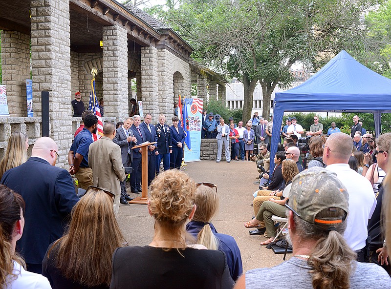 A crowd of veterans, employers, veteran support groups, as well as state and federal agencies gather Thursday during a ceremony as July 25 was proclaimed Hire a Veteran Day at Carnahan Memorial Garden. More than 100 people attended the event, and about two dozen agencies and companies that make specific efforts to hire veterans were recognized.