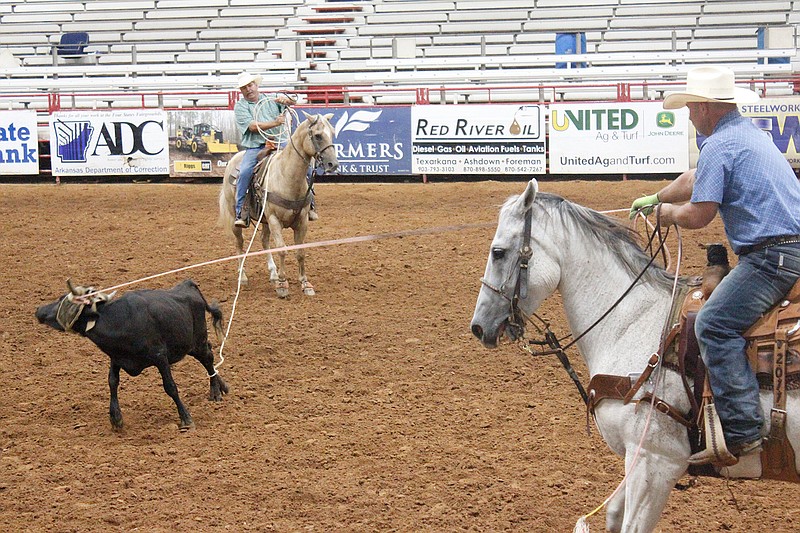 A team demonstrates horsemanship and roping skills Saturday during the VIP Team Roping Championships at the Four States Fairgrounds and Rodeo. Several events took place Saturday and today, with cash prizes in the balance.

