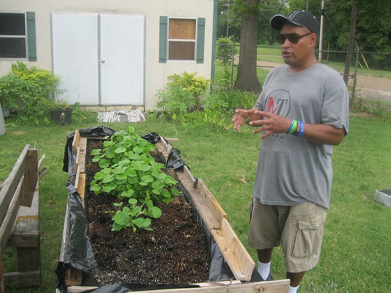 Texarkana, Texas, resident Terry Mitchell grows flowers and fresh vegetables in his garden near the Mission Texarkana building — formerly the Friendship Center — in downtown T-Town. Mitchell, 57, said he hopes to make the garden large enough to provide fresh produce for homeless people in the area.