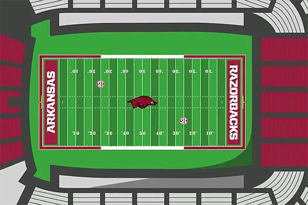 A digital rendering shows the 2019 field design for Donald W. Reynolds Razorback Stadium in Fayetteville. (Photo by Arkansas Razorbacks)