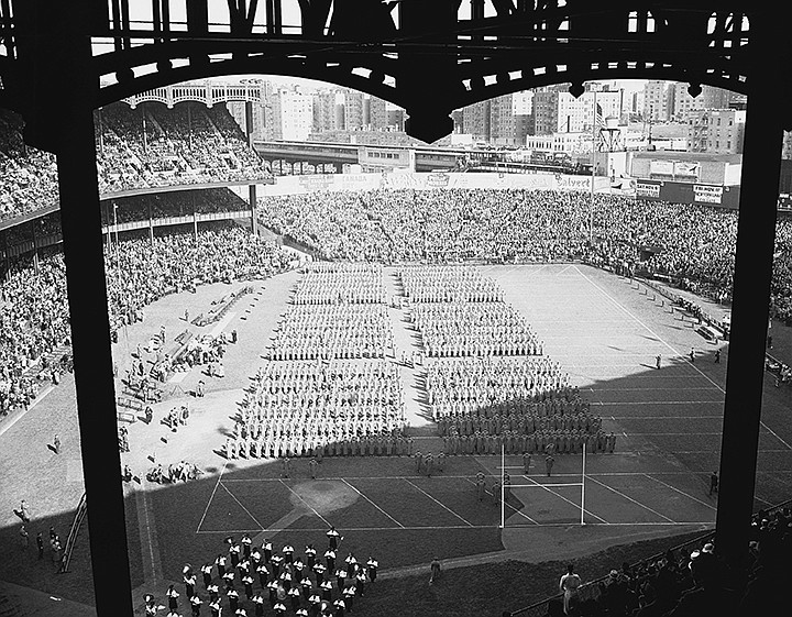 In this Oct. 29, 1938, file photo, West Point Military Academy cadets march into Yankee Stadium before a football game between Army and Notre Dame in New York. Games matching Notre Dame and Army packed Yankee Stadium in New York in the 1920s and '30s, even during the Great Depression. (AP Photo/File)