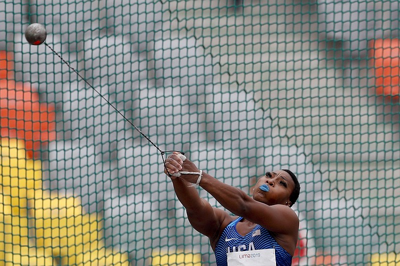 Gwendolyn Berry of United States competes in the women's hammer throw final during the athletics at the Pan American Games in Lima, Peru, Saturday, Aug. 10, 2019. Berry won the gold medal. (AP Photo/Rebecca Blackwell)