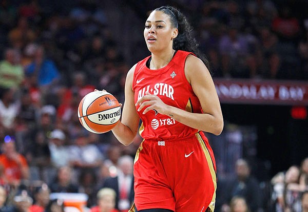 In this July 27 file photo, Liz Cambage of the Las Vegas Aces drives upcourt during the second half of a WNBA All-Star Game in Las Vegas.