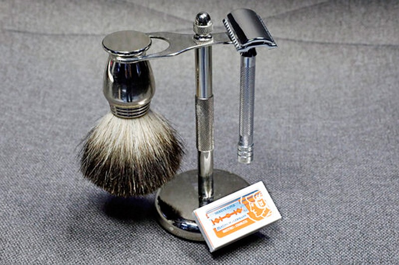 A Col. Ichabod Conk shave set and Merkur double-edge razor blades are shown Aug. 6 in New York.  Remember the old-school safety razor your grandfather used? It's making a comeback. Trendy direct-to-
consumer brands have reintroduced them to younger generations. 

