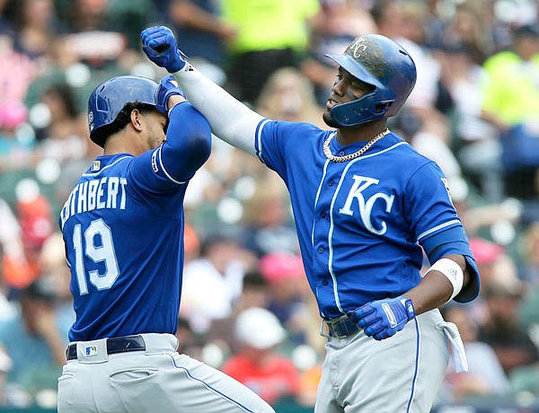 Jorge Soler celebrates with Royals teammate Cheslor Cuthbert after hitting a home run against the Tigers during the third inning of Sunday afternoon's game in Detroit.