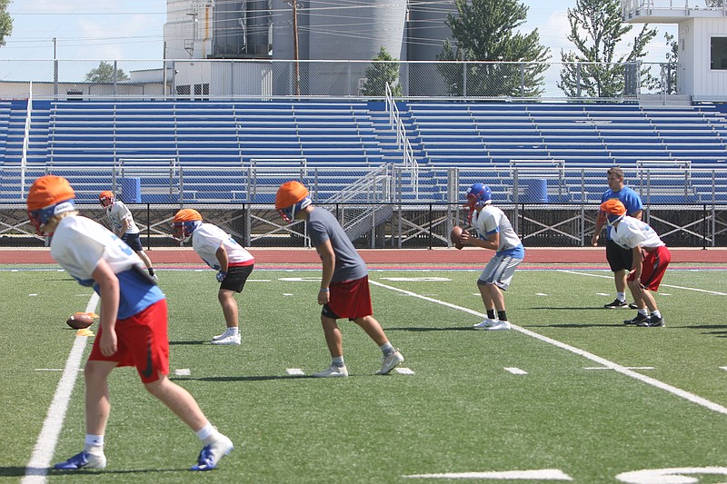 <p>Democrat photo/ Kevin Labotka</p><p>The California Pintos football team goes through some drills at their camp during the summer. Media night starts late — at 10 p.m. — Aug. 16.</p>