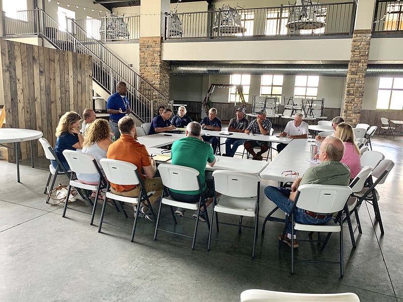 U.S. Small Business Administration's public information officer Corey Williams addresses Callaway County business owners Monday at Capital Bluffs Event Center in north Jefferson City. The meeting was organized to get information out to eligible business owners on their paths to assistance.