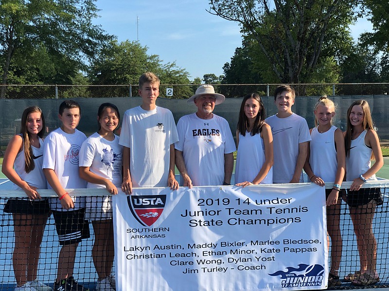 Members of the Under 14 Texarkana Red tennis team are, from left, Maddy Bixler, Dylan Yost, Clare Wong, Christian Leach, coach Jim Turley, Kate Pappas, Ethan Minor, Lakyn Austin and Marlee Bledsoe. (Submitted photo)