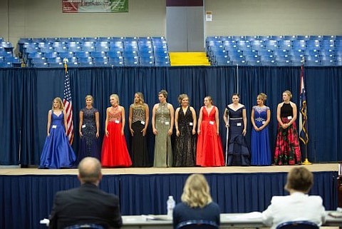 Photo courtesy of Missouri State Fair: Hallee Oliver, Miss Moniteau County 2018, was named first runner-up in the Missouri State Fair Queen contest. Oliver is pictured here, fourth from the right in the red dress, alongside the top 10 contestants this year. She will receive a $1,000 scholarship for her placement.
