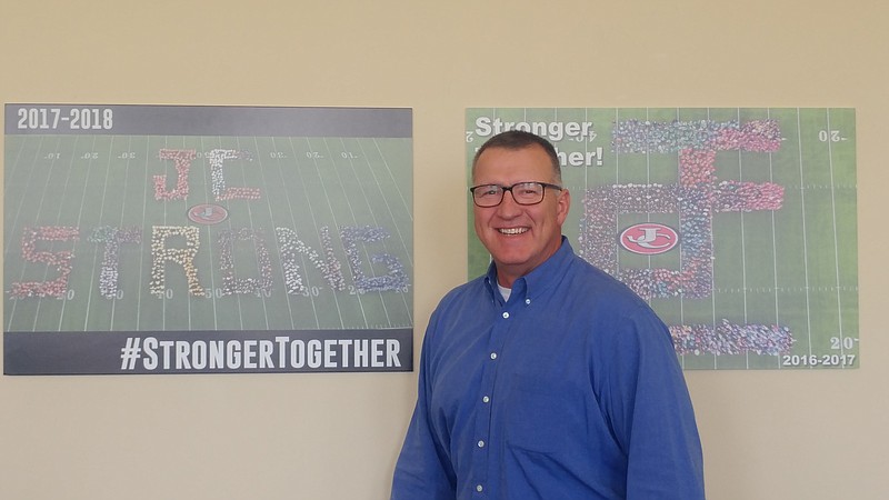 <p>Phillip Sitter/News Tribune</p><p>Jefferson City Public Schools Superintendent Larry Linthacum stands to emphasize the district’s motto, “Stronger Together.”</p>