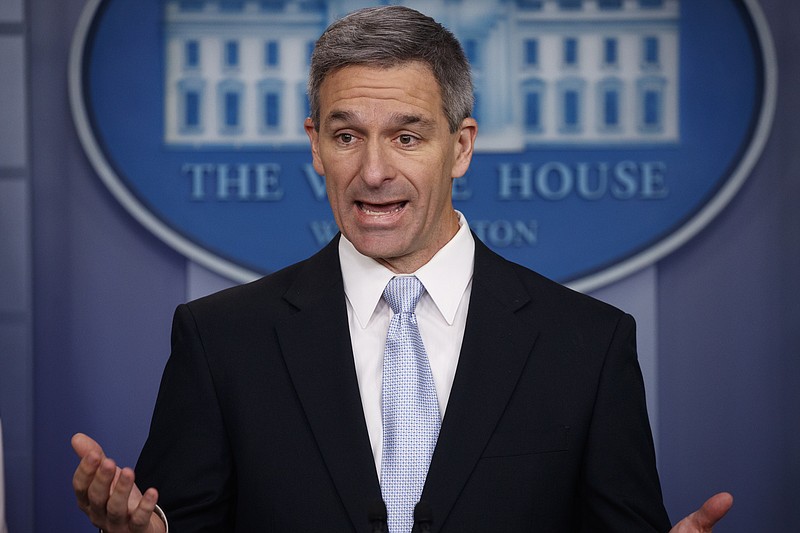 Acting Director of United States Citizenship and Immigration Services Ken Cuccinelli, speaks during a briefing at the White House, Monday, Aug. 12, 2019, in Washington. (AP Photo/Evan Vucci)