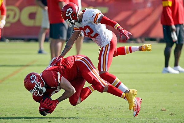 Chiefs safety Tyrann Mathieu (white jersey) defends against tight end Travis Kelce during drills at training camp in St. Joseph.