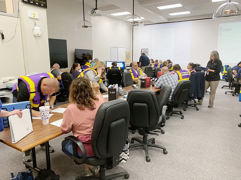 Members of Ameren's response team work Tuesday during the radiological preparedness exercise at the Missouri State Emergency Management Agency in Jefferson City. These exercises are graded by Federal Emergency Management Agency and the Nuclear Regulatory Commission every two years.