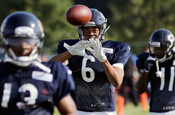 Emanuel Hall catches a ball during Bears training camp last month in Bourbonnais, Ill.