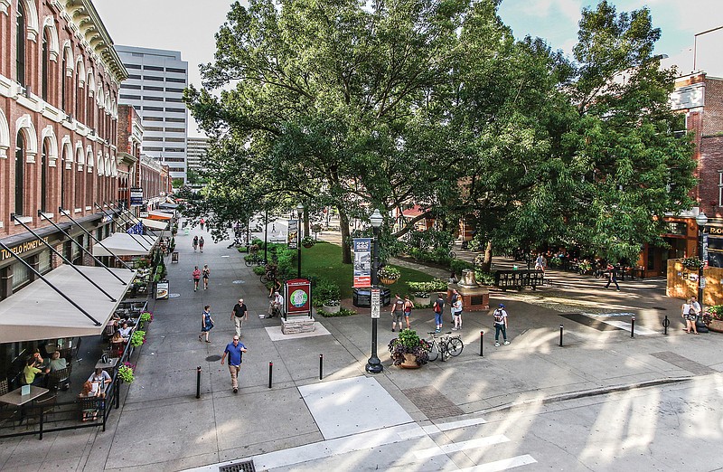Market Square, sort of an upscale pedestrian mall in Knoxville, has myriad restaurants from casual to fine dining, but it is also the site of seasonal farmers markets, outdoor concerts, and art exhibits. (Bruce McCamish Photography/Handout/TNS)