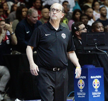 In this Sept. 17, 2018, file photo, U.S. coach Jeff Van Gundy stands on the sidelines during a FIBA Basketball World Cup 2019 qualifier against Panama in Panama City, Panama.
