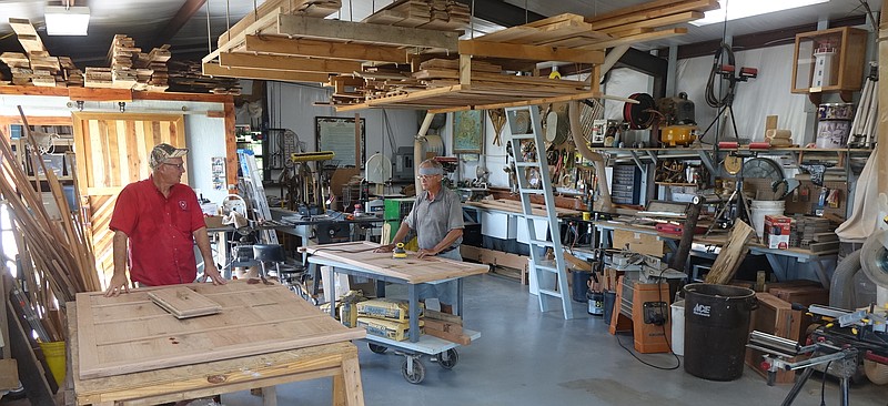 This is Gary Clayton and Bruce Legrow's woodworking shed, full and organized. It really is, however, more of a "build-a-bear" store for adults.